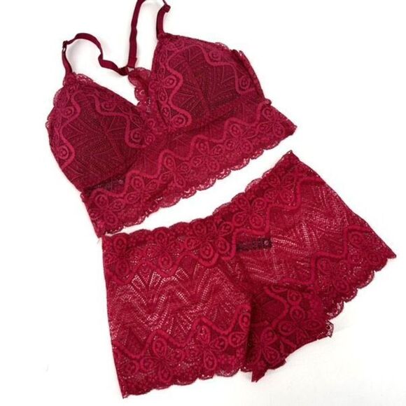 NWOT Yandy Lace Boy Shorts & Bralette Cami Raspberry Pink Size Small Set - Picture 2 of 7